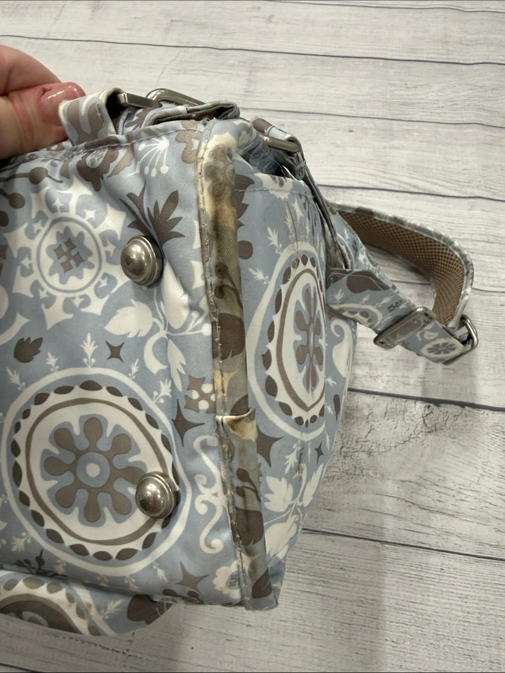 Ju-Ju-Be Light Blue Taupe Floral Diaper Bag Backpack with Changing Pad